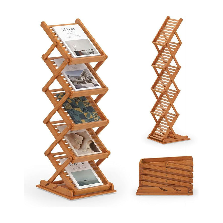 5-Pocket Foldable Bamboo Magazine Rack with 2 Adjustable Positions-Walnut