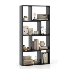 5-Tier Geometric Bookshelf filled with various decorative items and books on a white background