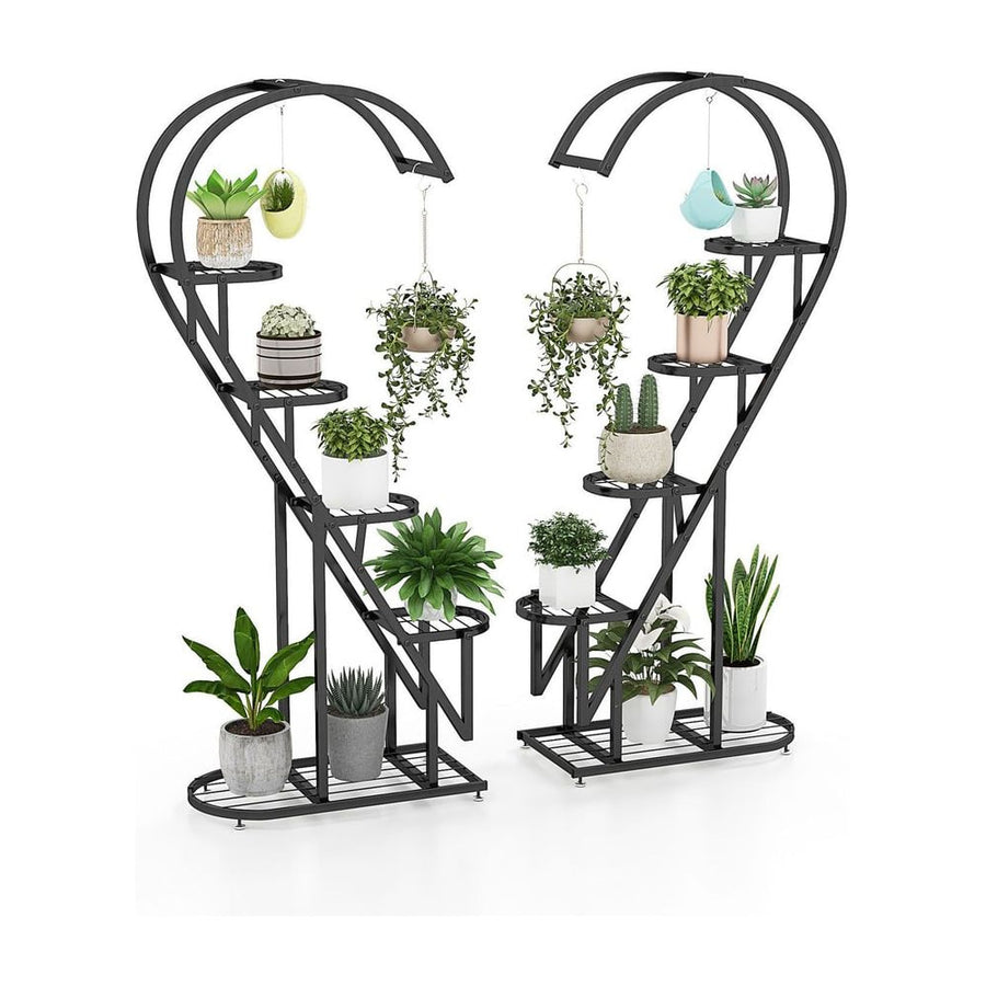 5-Tier Metal Heart-shaped Plant Stand with Hanging Hooks displayed as a pair against a white background