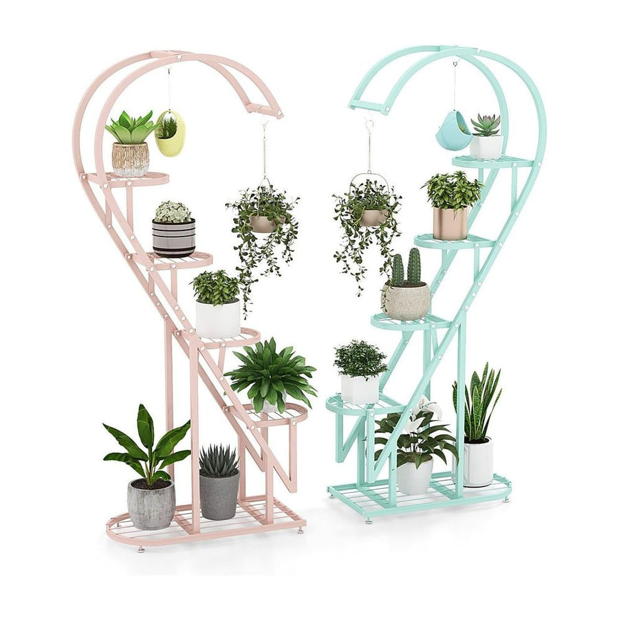 5-Tier Metal Heart-shaped Plant Stand with Hanging Hooks in pink and blue