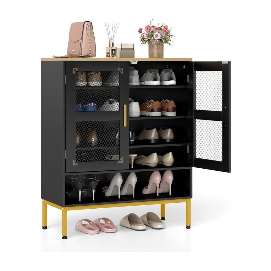 5-Tier Shoe Cabinet with Mesh Doors and Adjustable Shelves in black with gold legs, shown against a white background