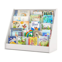 5-Tier Wooden Toddler Book Shelf Stand with Deep Compartments in white, filled with children's books