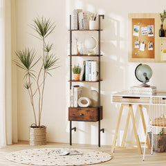 5-Tier Ladder Bookcase with Drawer and Metal Frame-Rustic Brown