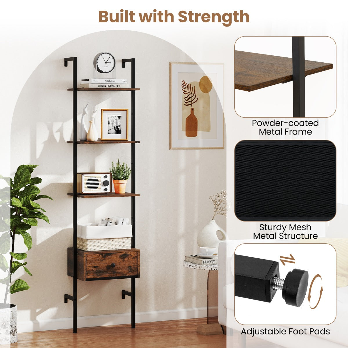 5-Tier Ladder Bookcase with Drawer and Metal Frame-Rustic Brown