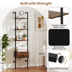 5-Tier Ladder Bookcase with Drawer and Metal Frame-Rustic Brown
