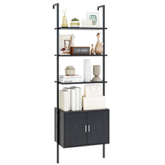 5-Tier Wall Mount Ladder Bookcase with Cabinet and Anti-Tipping Kits-Black