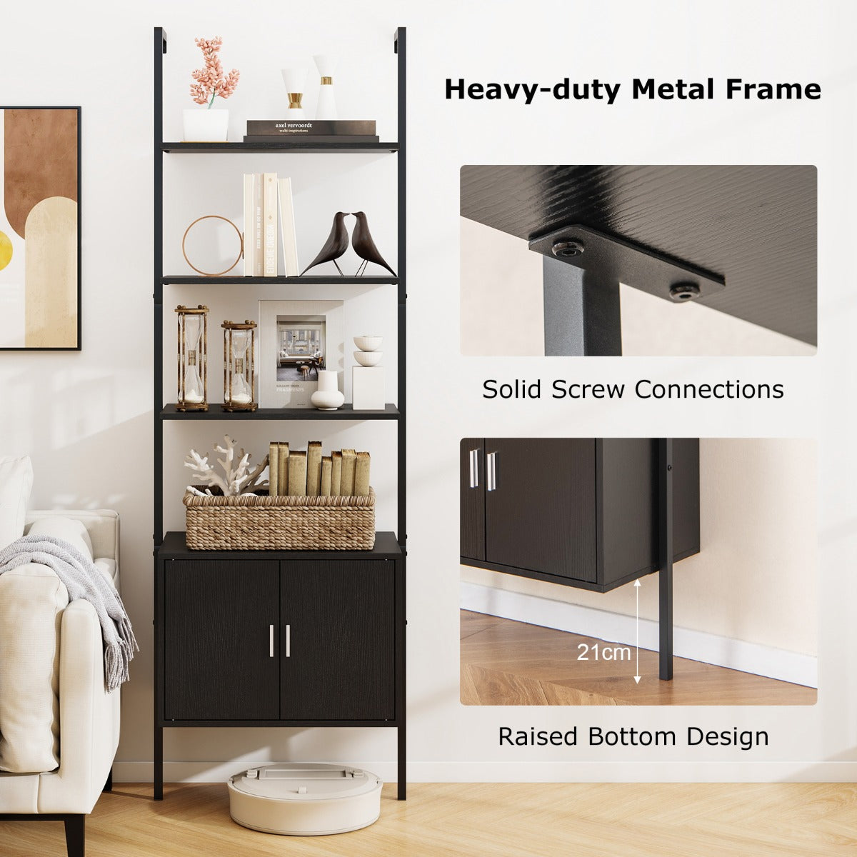 5-Tier Wall Mount Ladder Bookcase with Cabinet and Anti-Tipping Kits-Black