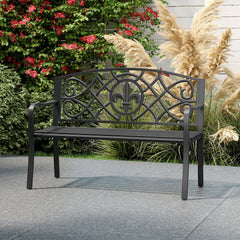 50.5 Inch Outdoor Garden Bench for 2-3 with Cast Iron Floral Backrest-Black