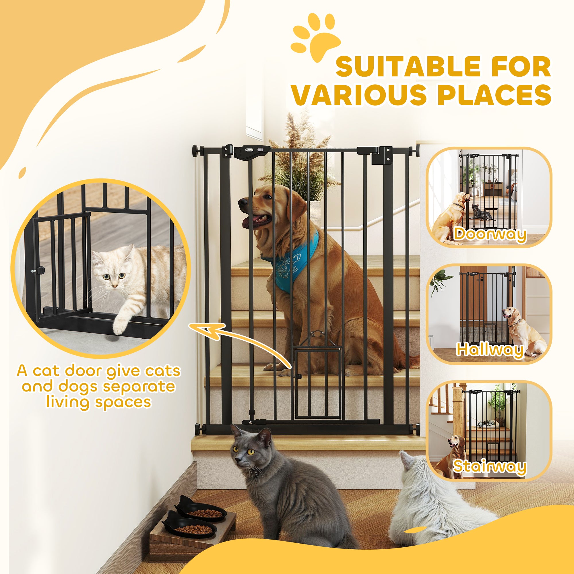 PawHut Extra Tall Pet Gate, Indoor Dog Safety Gate, with Cat Flap, Auto Close, 74-80cm Wide - Black