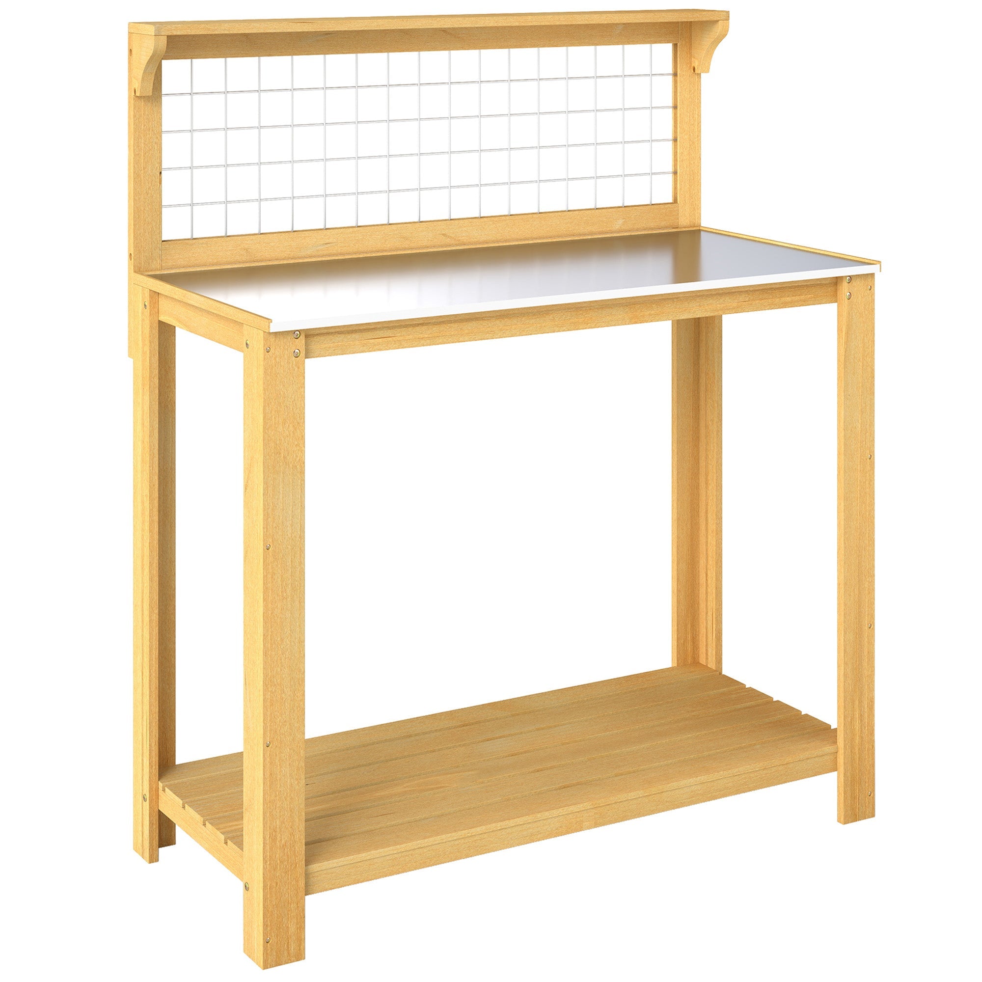 Outsunny Wooden Potting Bench Table with Aluminium Worktop, Outdoor Garden Workbench with 2 Shelves