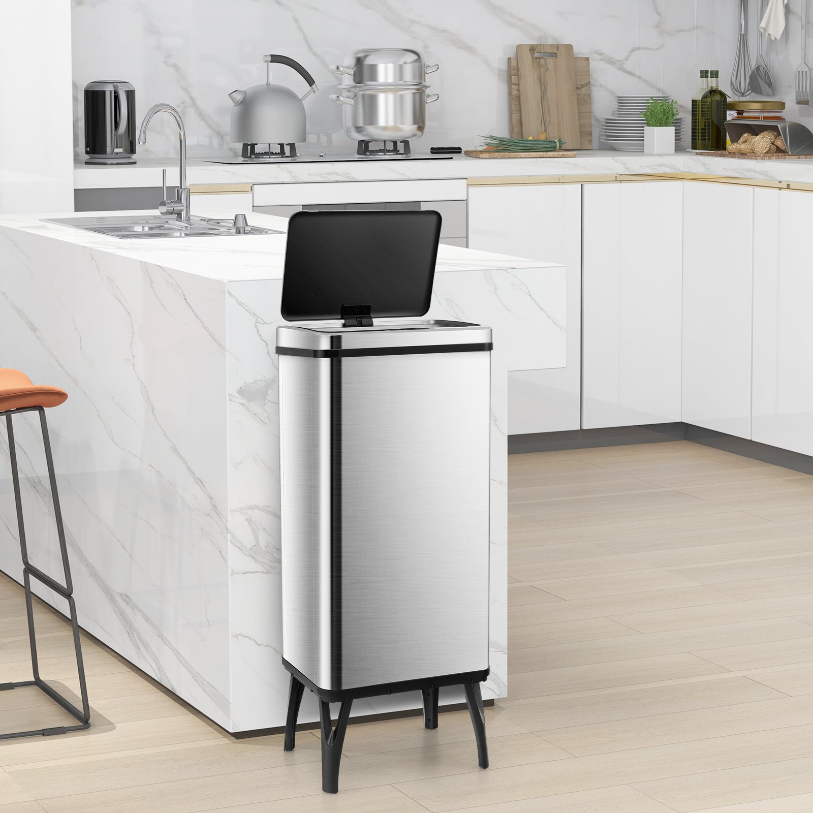 50L Stainless Steel Trash Can Automatic Motion Sensor Garbage Bin-Silver