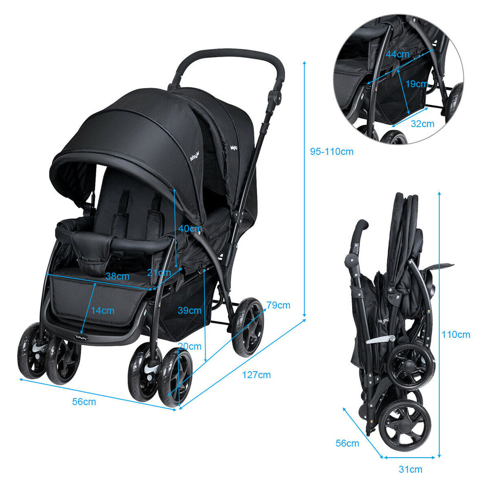 Dimensions and folded size of the black double pushchair