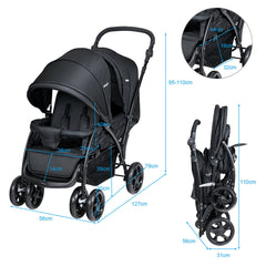 Dimensions and folded size of the black double pushchair
