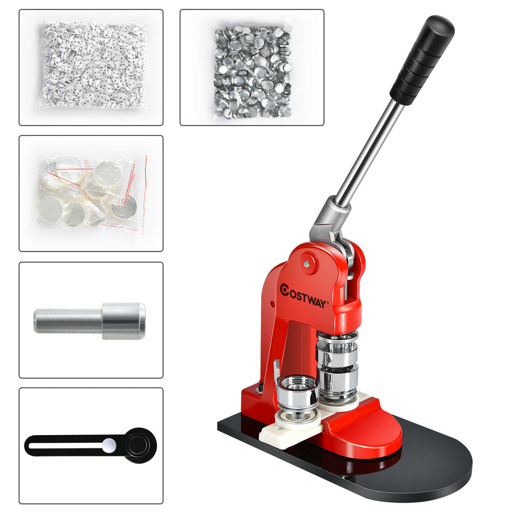 The badge making machine with various components laid out, including metal shells and plastic pin backs