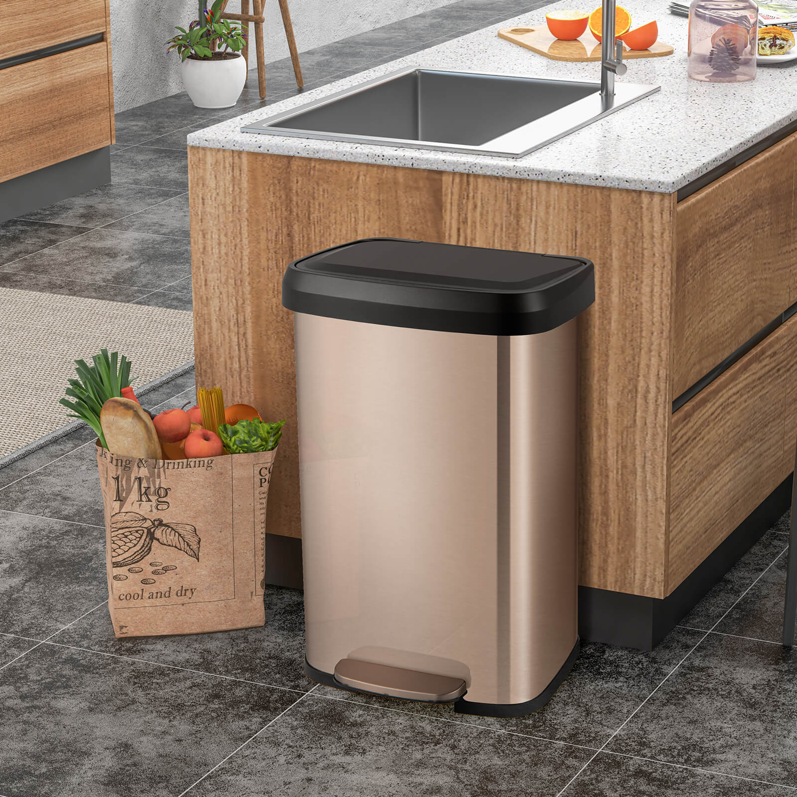 50 L Stainless Steel Step Trash Can with Deodorizer Compartment-Rose Gold