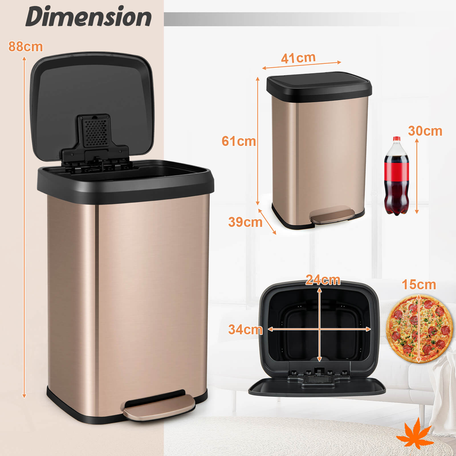 50 L Stainless Steel Step Trash Can with Deodorizer Compartment-Rose Gold