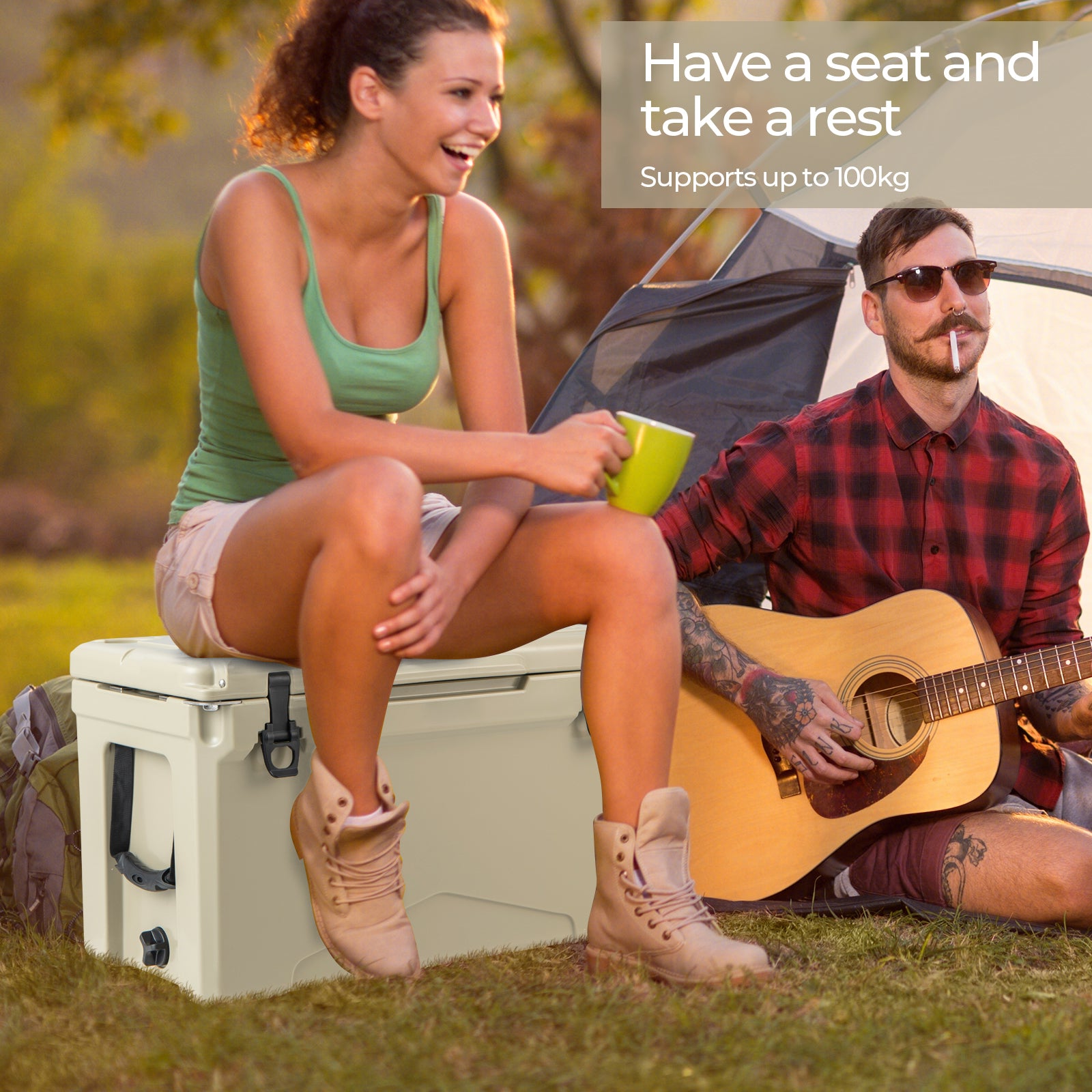 47L Portable Rotomolded Cooler with Integrated Cup Holders-Tan