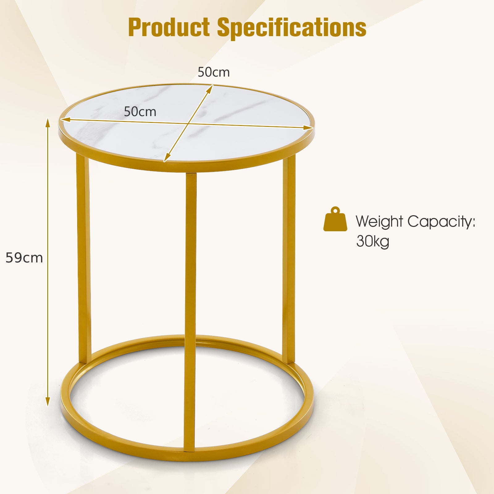 50 x 50 cm Marble Top Round Side Table with Golden Metal Frame-Golden-1 Piece