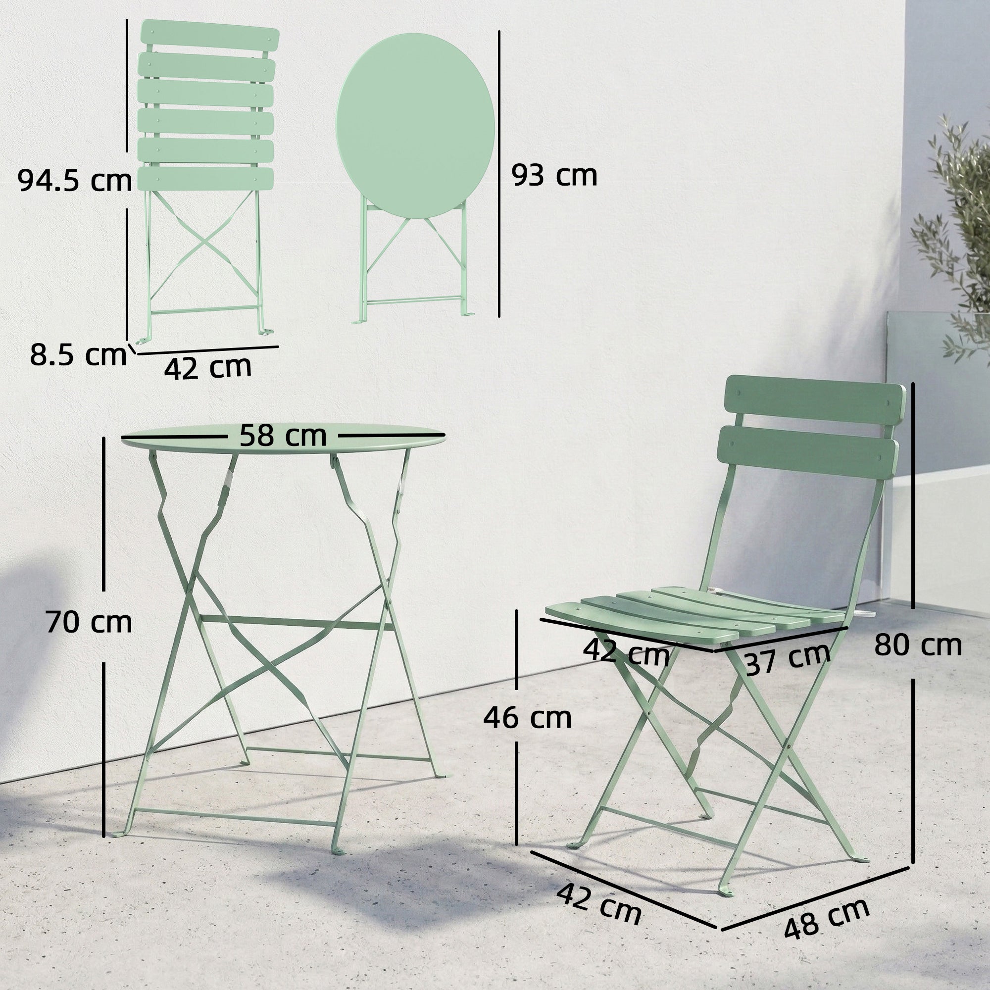 Outsunny Folding Garden Bistro Set, Outdoor Round Bistro Table and Chairs Set 2 with Electrophoresis Metal Frame, Light Green