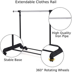 Adjustable Single Rail Garment Rack with Wheels and Bottom Shelf