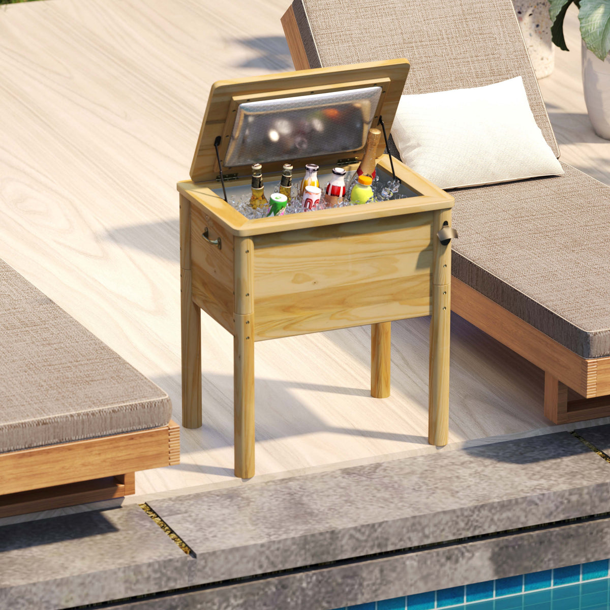 51L Wooden Patio Cooler Outdoor Beverage Cooler with Bottle Opener-Natural
