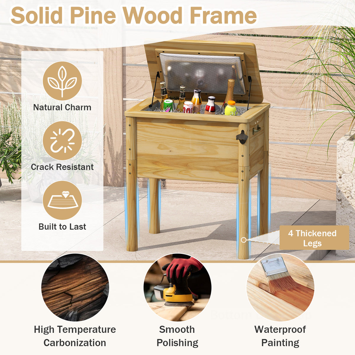 51L Wooden Patio Cooler Outdoor Beverage Cooler with Bottle Opener-Natural