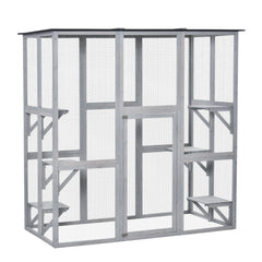 PawHut Wooden Catio Cat Outdoor Enclosure, Cat Cage with Waterproof Roof, Platforms, for Multiple Kittens, 180 x 98 x 180 cm