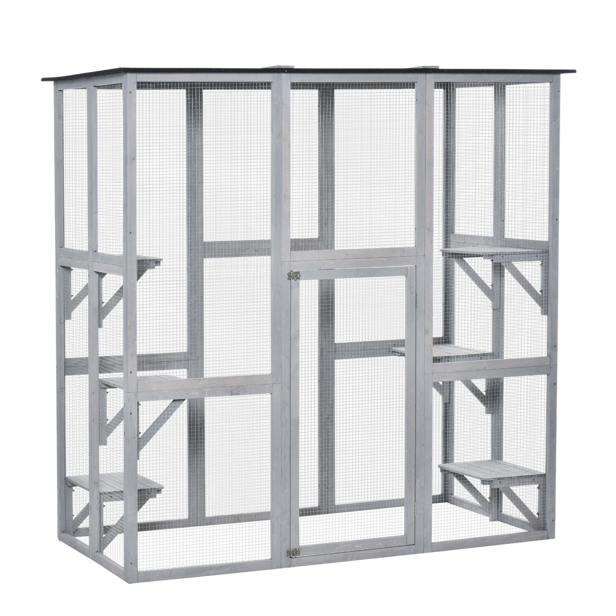 PawHut Wooden Catio Cat Outdoor Enclosure, Cat Cage with Waterproof Roof, Platforms, for Multiple Kittens, 180 x 98 x 180 cm