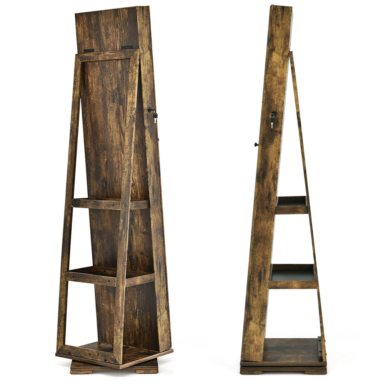 Full Length Mirrored Jewellery Cabinet Rotates 360¬∞ with Open Display Shelves-Rustic Brown