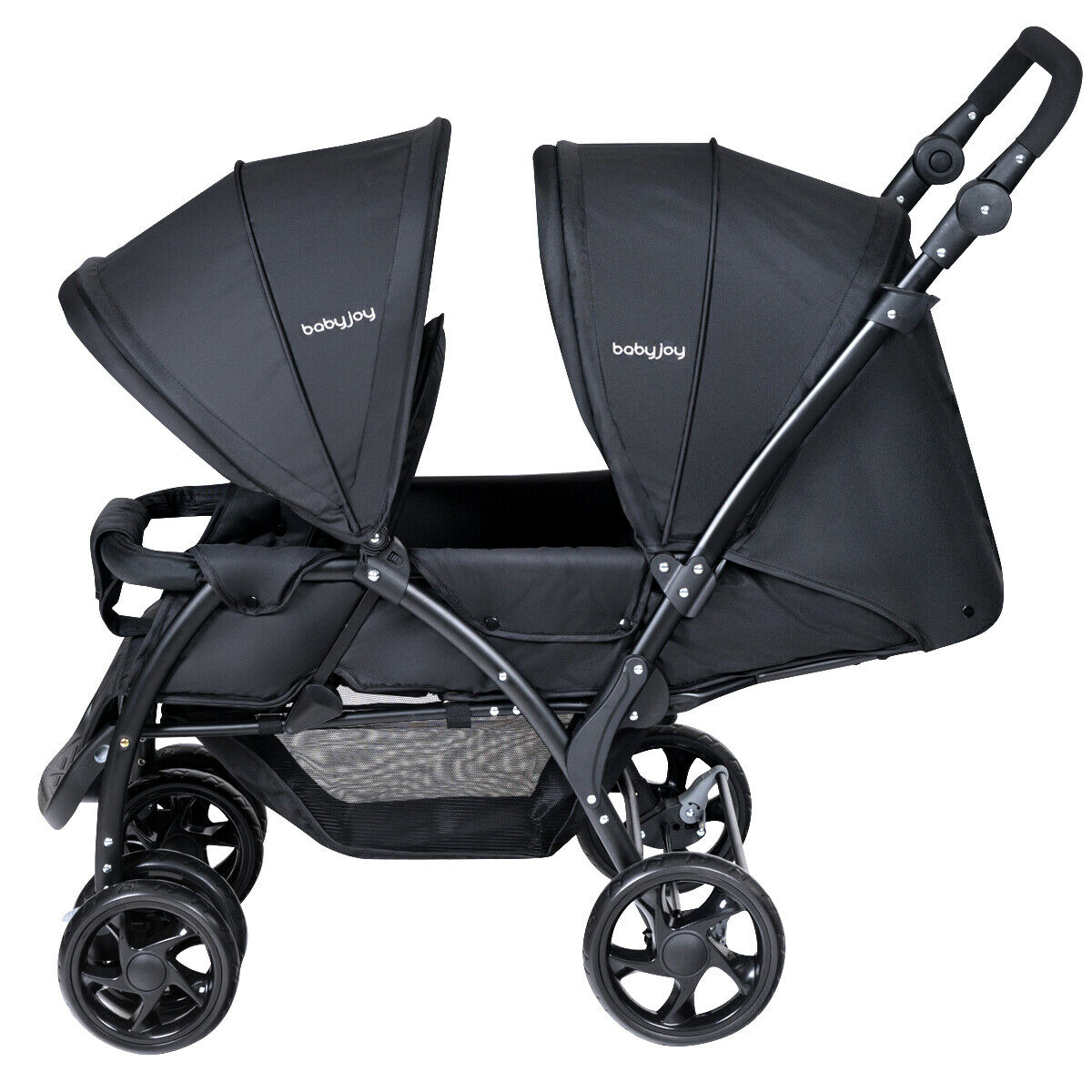 Black double pushchair with adjustable backrest and sunshade, side view
