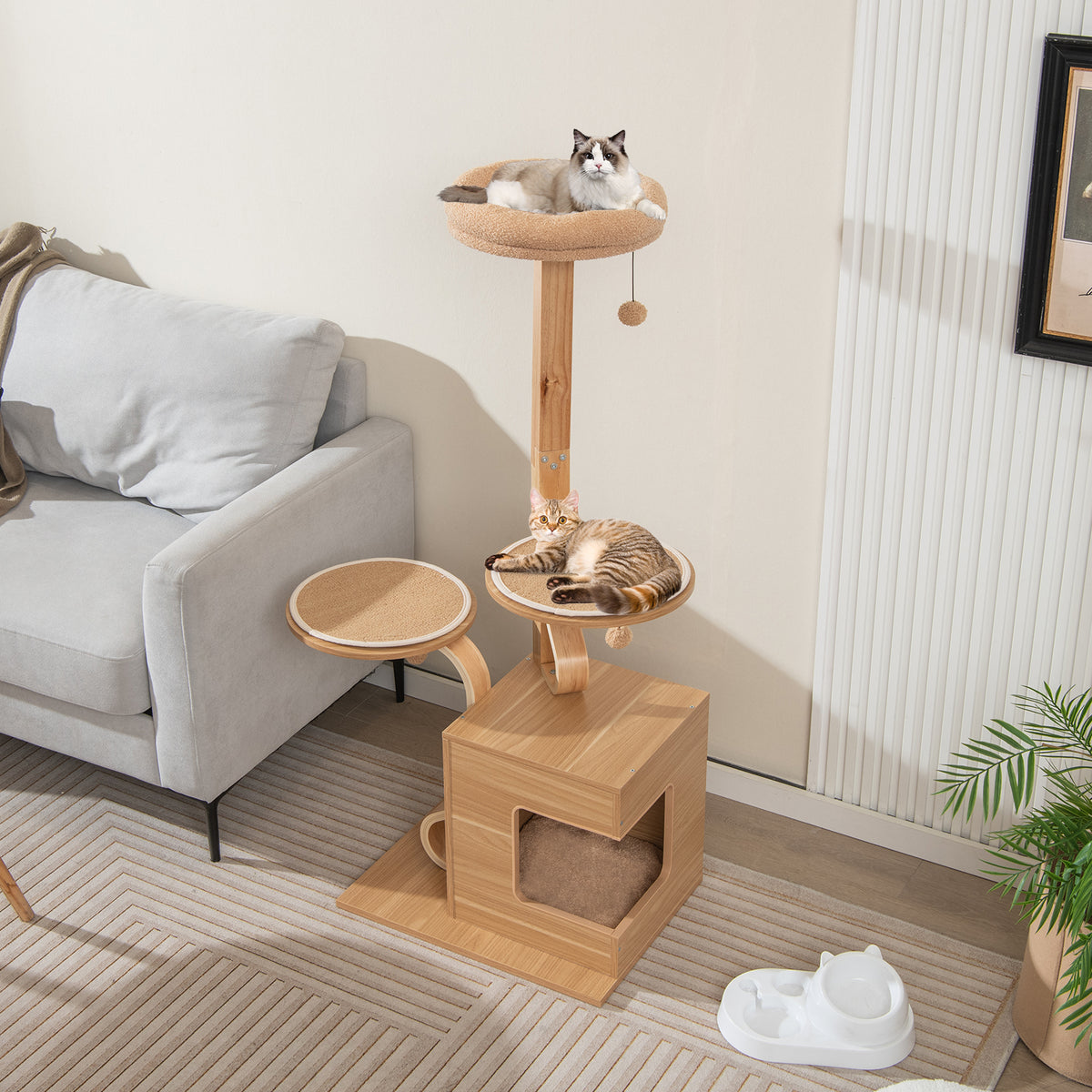 51 inches Wooden Cat Tree with Solid Wood Post and Curved Plywood Frame-Natural