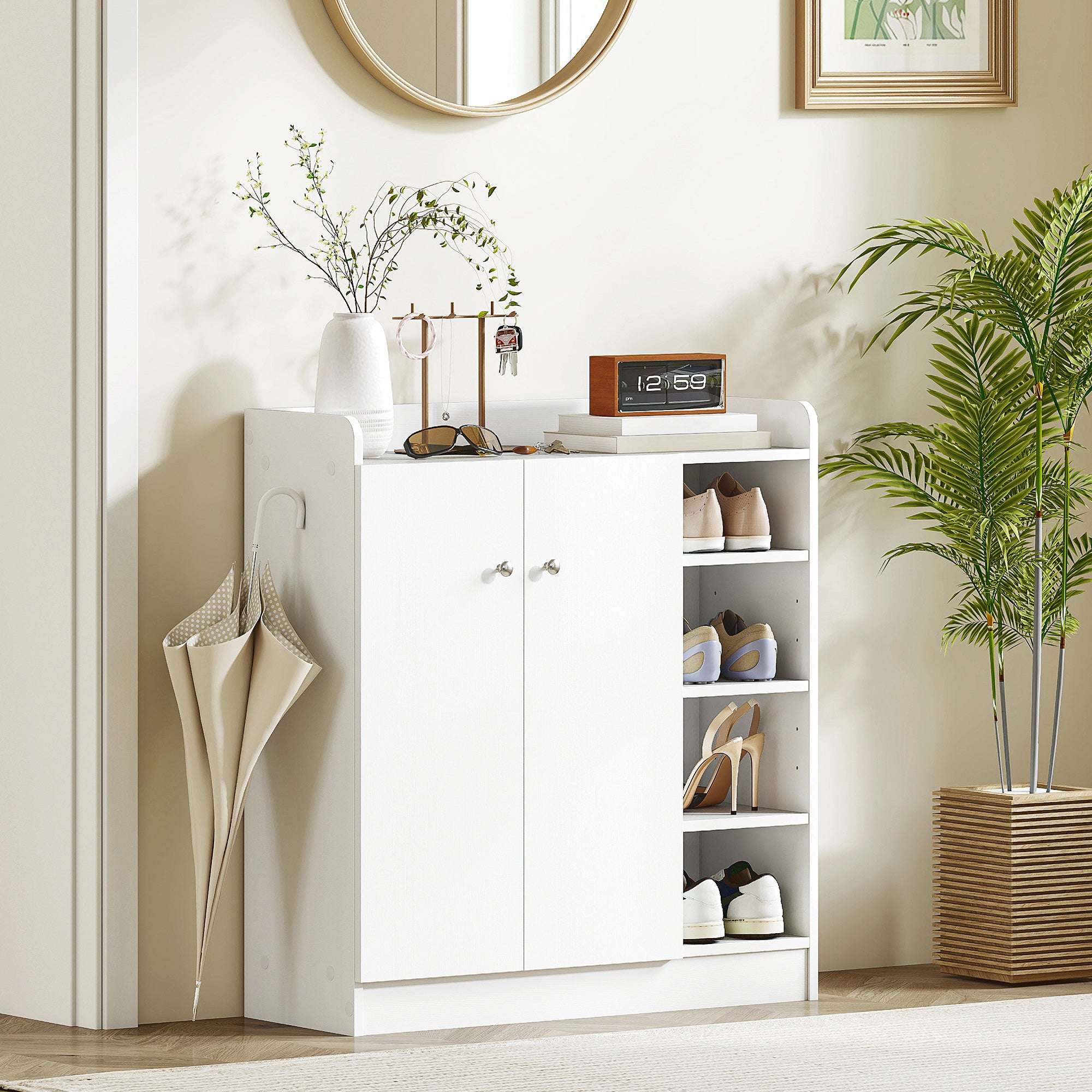 HOMCOM Shoe Storage Cabinet Two Doors w/ Adjustable 4 Shelves Cupboard Footwear Rack Stand Organiser Hallway White