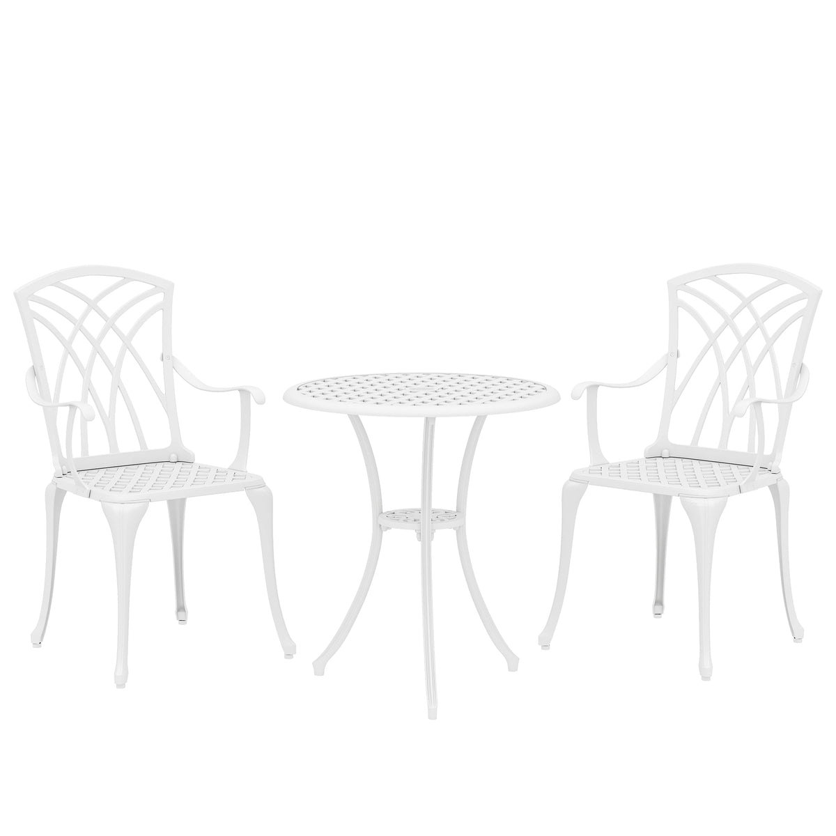 Outsunny 3 Pieces Garden Bistro Set, Cast Aluminium Outdoor Dining Set with 2 Chairs and Round Table with Parasol Hole, White