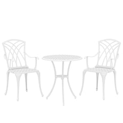 Outsunny 3 Pieces Garden Bistro Set, Cast Aluminium Outdoor Dining Set with 2 Chairs and Round Table with Parasol Hole, White