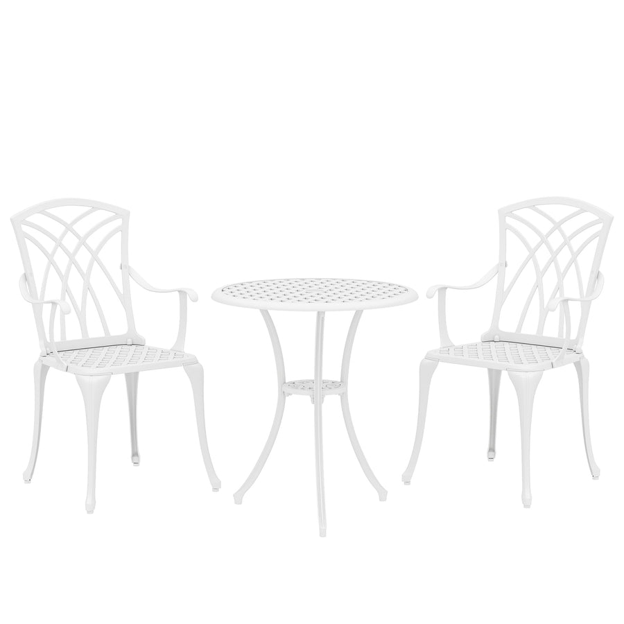 Outsunny 3 Pieces Garden Bistro Set, Cast Aluminium Outdoor Dining Set with 2 Chairs and Round Table with Parasol Hole, White