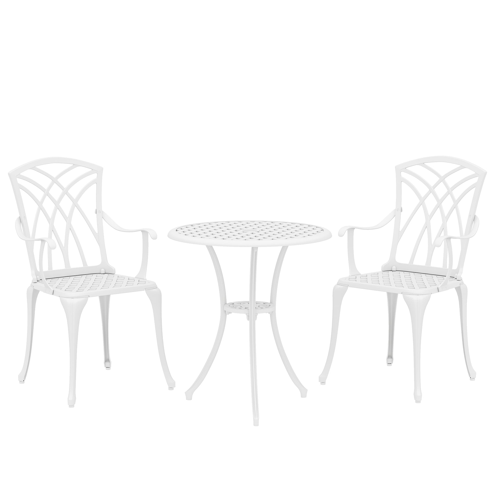 Outsunny 3 Pieces Garden Bistro Set, Cast Aluminium Outdoor Dining Set with 2 Chairs and Round Table with Parasol Hole, White