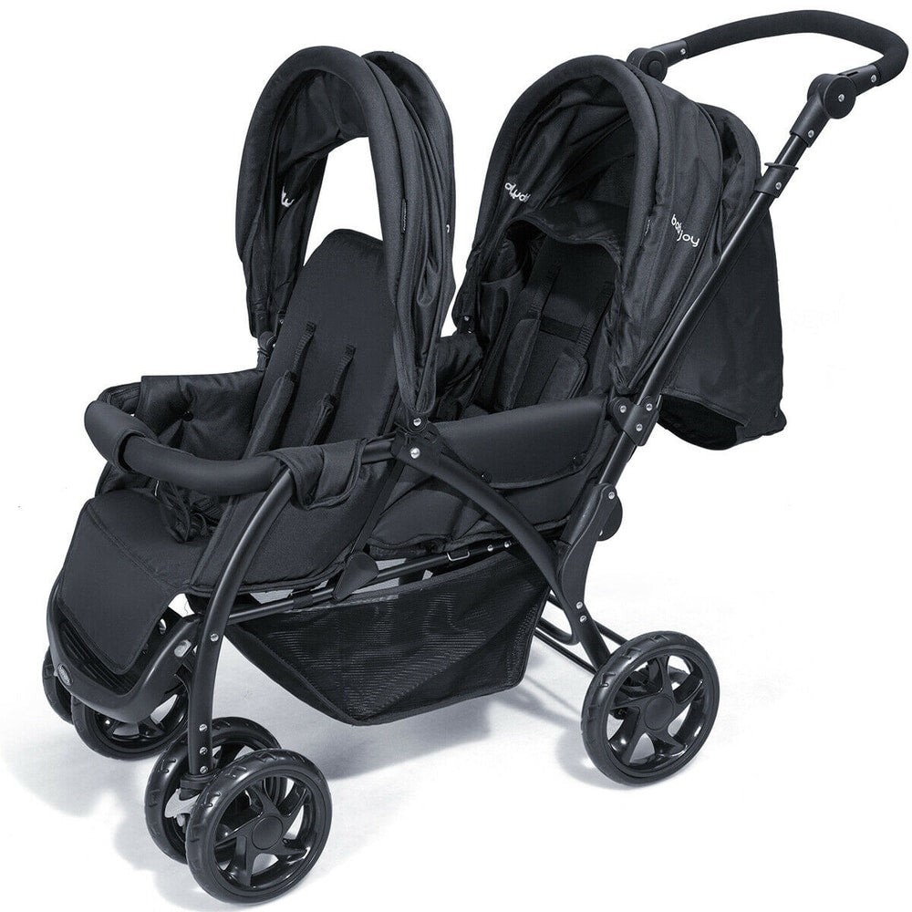 The black double pushchair with adjustable backrest and sunshade, angled side view