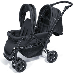 The black double pushchair with adjustable backrest and sunshade, angled side view