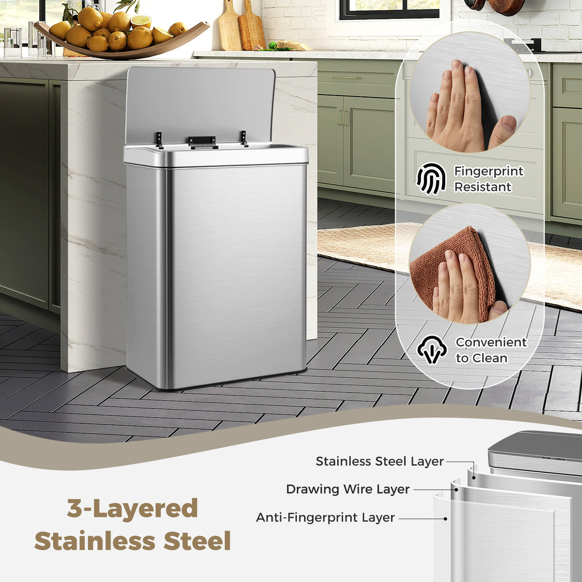 53L Automatic Trash Can with Lid-Silver