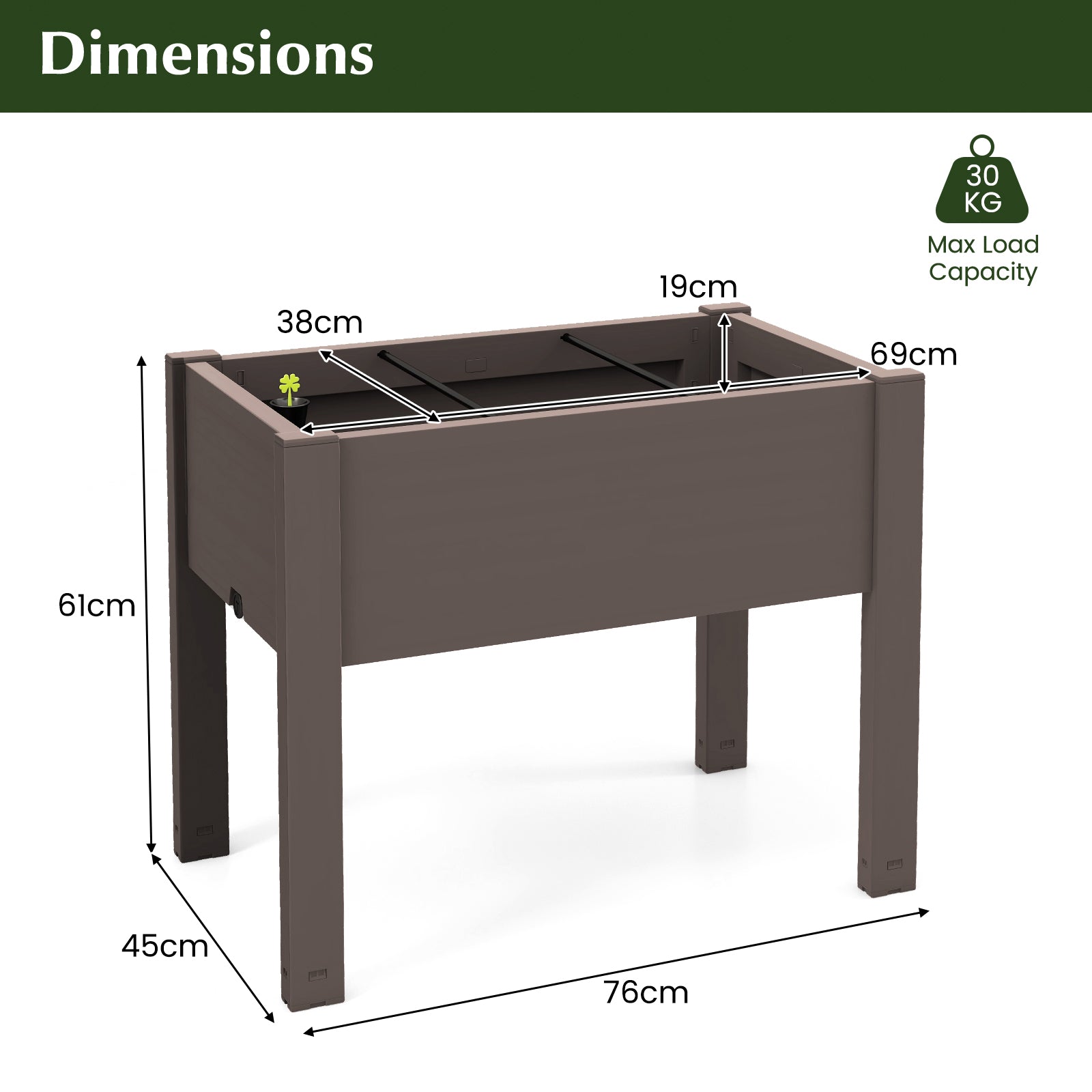 53L Raised Bed Grow Box with Water Level Monitor and Drainage Hole-Coffee