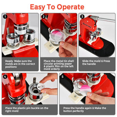 Step-by-step instructions for operating the badge making machine, showing mold placement and button pressing