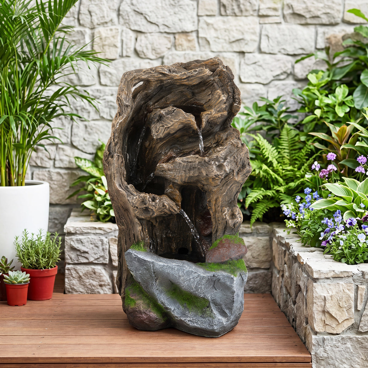 53cm Outdoor Water Fountain 4-Tier Tabletop Cascading Rock Waterfall Feature with 3 LED Lights and Pump