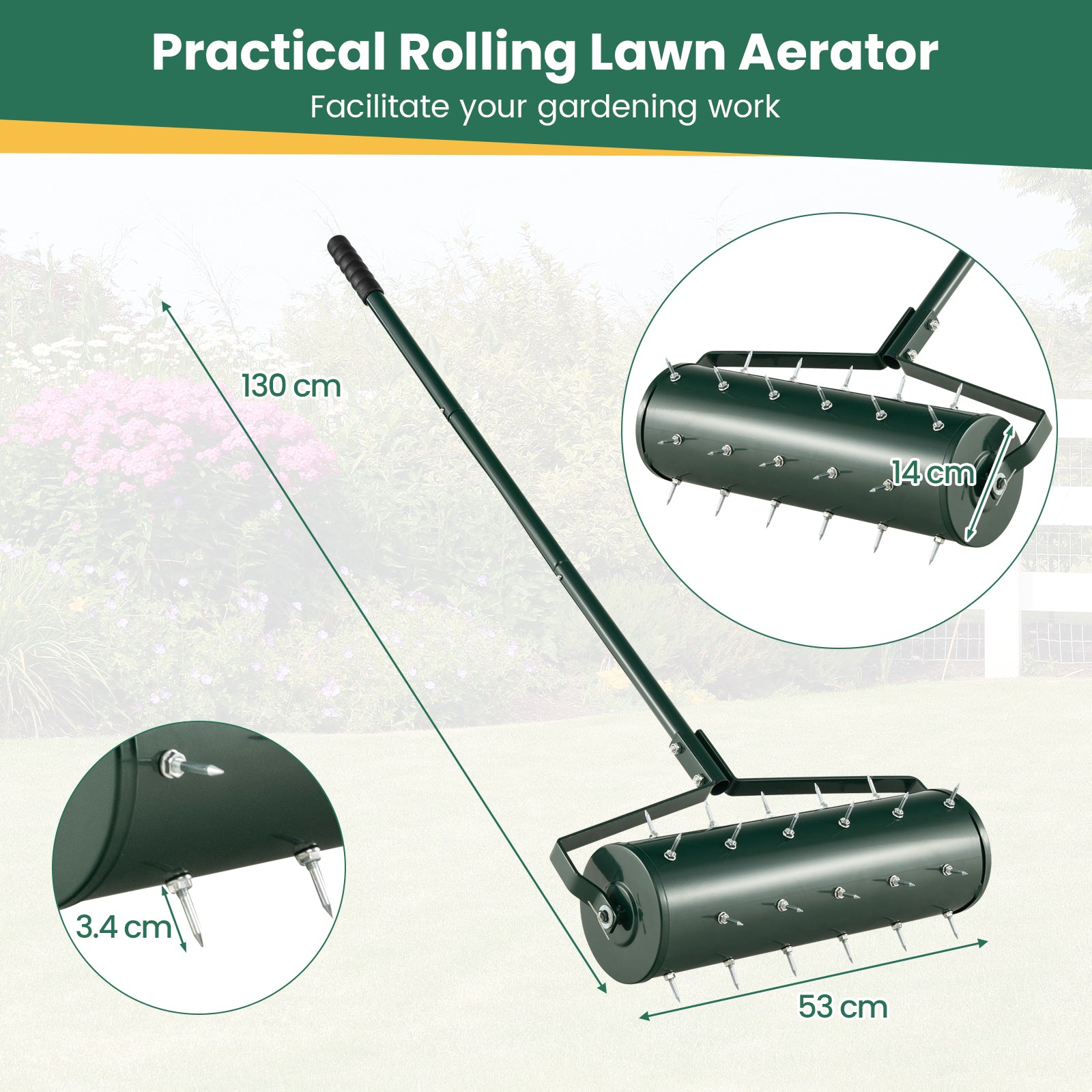 53cm Manual Lawn Aerator with 130cm Detachable Handle and Tine Spikes for Soil Loosening-Green