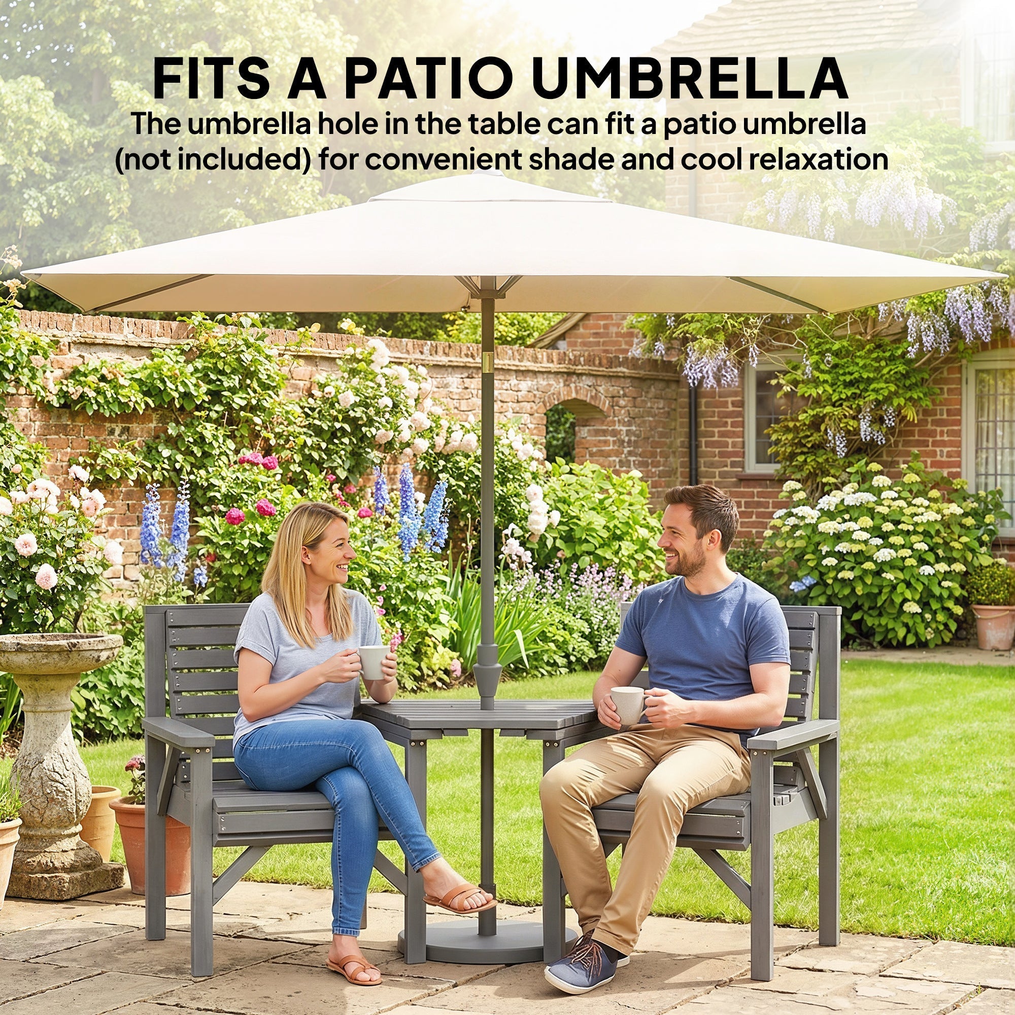 Outsunny Wooden Garden Bistro Set, 2 Seater Wooden Outdoor Table and Chairs with Parasol Hole for Patio, Light Grey