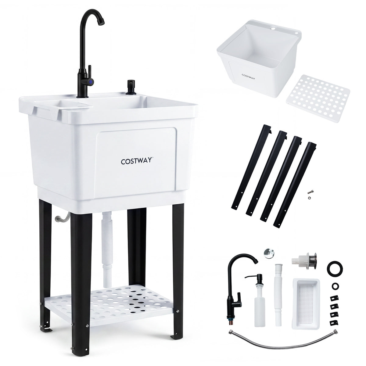 55L Utility Sink Laundry Tub with Rotating Faucet Storage Shelf Drip Tray Adjustable Legs-S