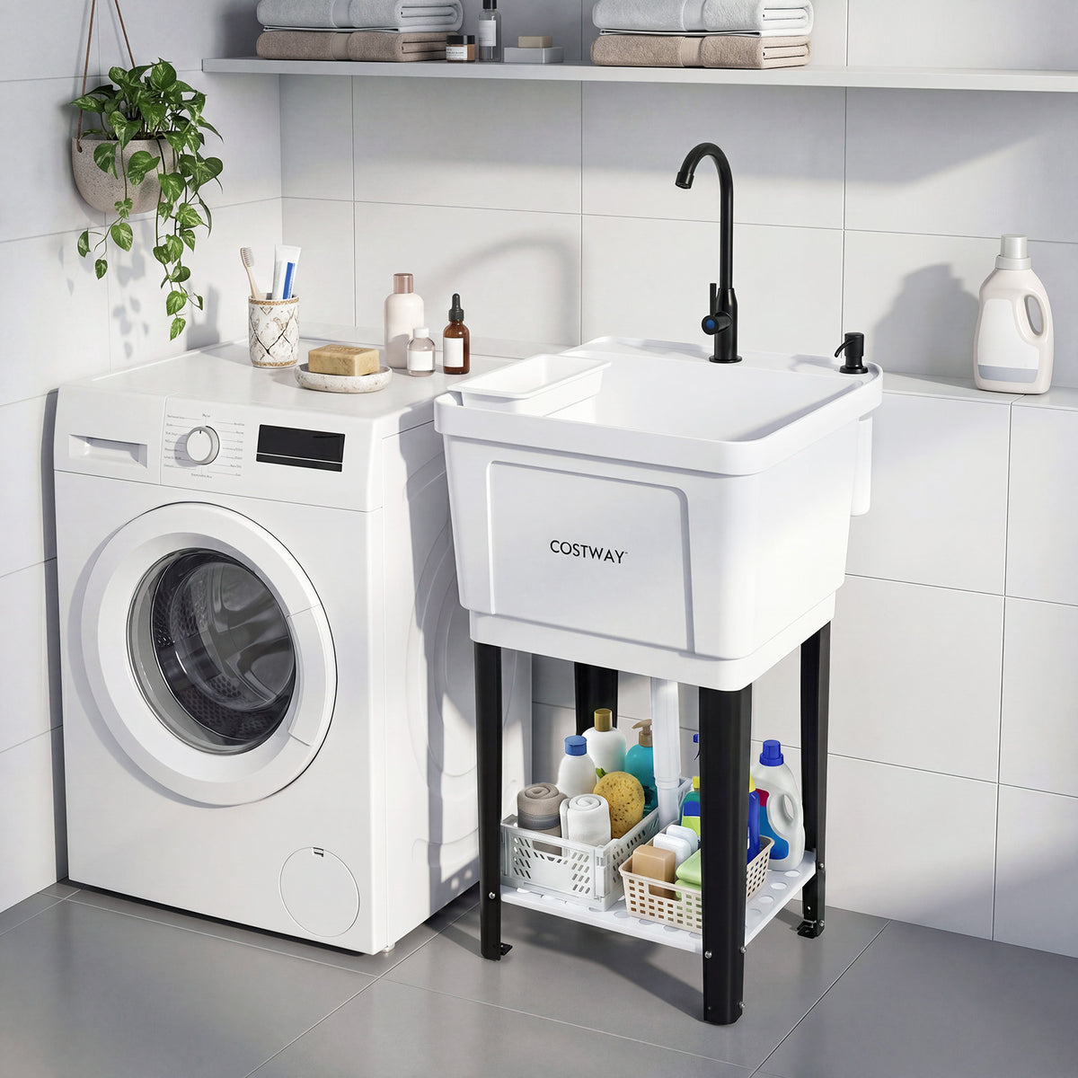 55L Utility Sink Laundry Tub with Rotating Faucet Storage Shelf Drip Tray Adjustable Legs-S