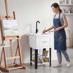55L Utility Sink Laundry Tub with Rotating Faucet Storage Shelf Drip Tray Adjustable Legs-S