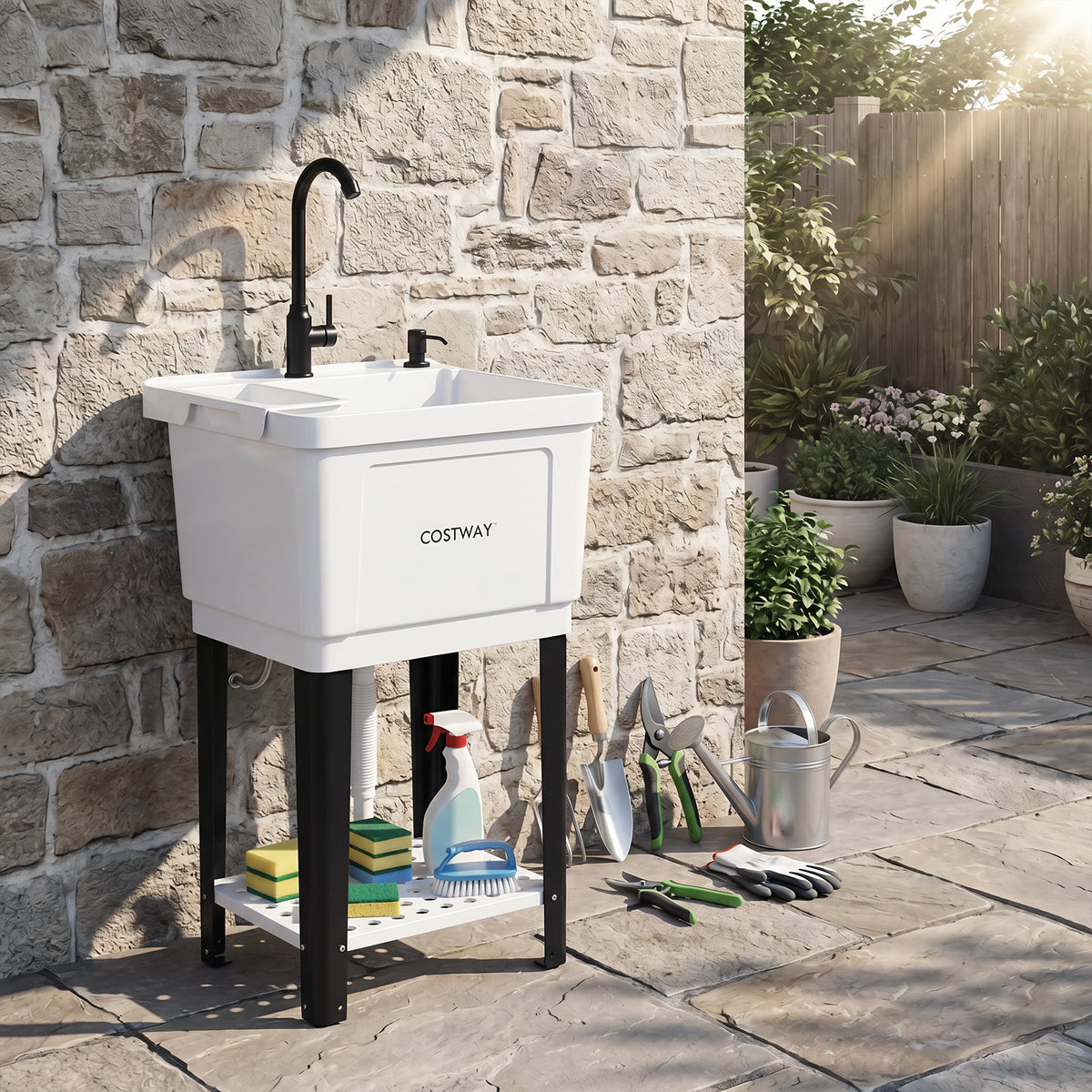 55L Utility Sink Laundry Tub with Rotating Faucet Storage Shelf Drip Tray Adjustable Legs-S