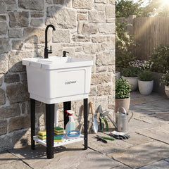 55L Utility Sink Laundry Tub with Rotating Faucet Storage Shelf Drip Tray Adjustable Legs-S
