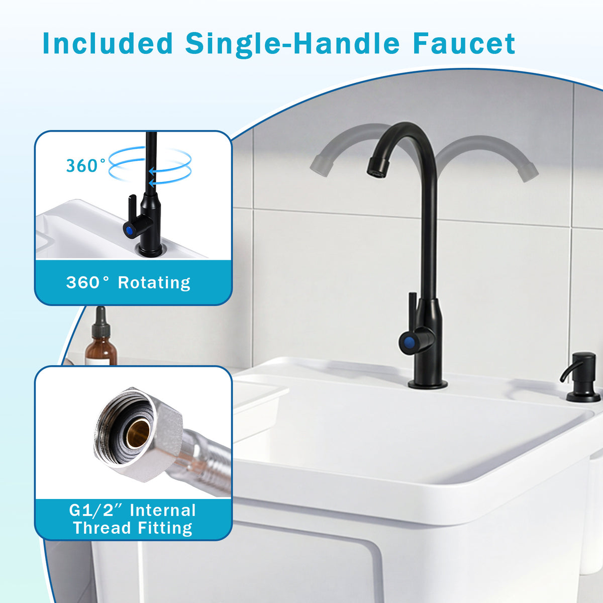 55L Utility Sink Laundry Tub with Rotating Faucet Storage Shelf Drip Tray Adjustable Legs-S